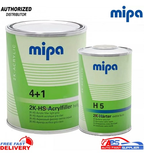 MIPA 4+1 2K HS HIGH BUILD PRIMER GREY TO SUIT MIXING PADDLE + H5 HARDENER 5L KIT